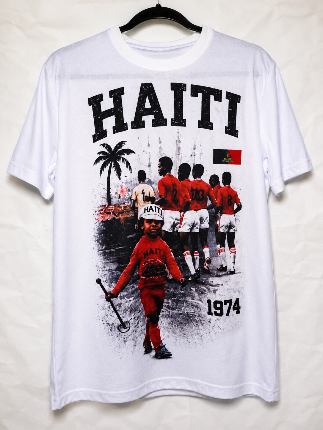 Haiti 1974 Heritage Shirt White with Vintage Black, Red &Gray Graphic Print