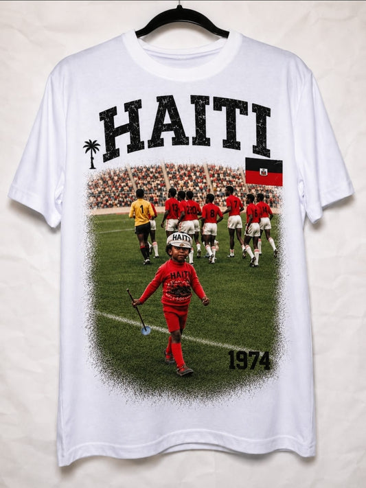 Haiti 1974 Heritage Shirt White with Vintage Black, Red &Gray Graphic Print